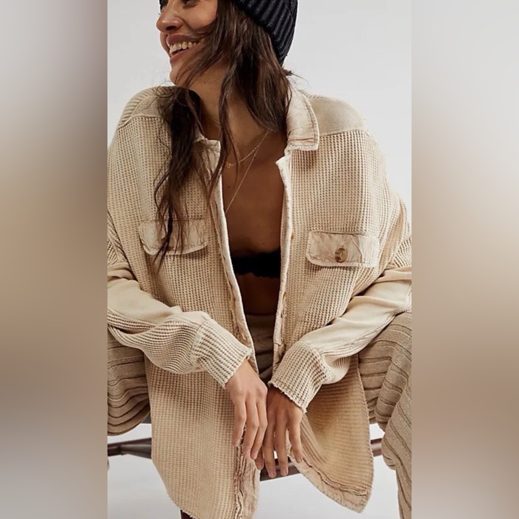 Free People One Scout Jacket Shacket Waffle Thermal Knit Slouchy Nude Sand